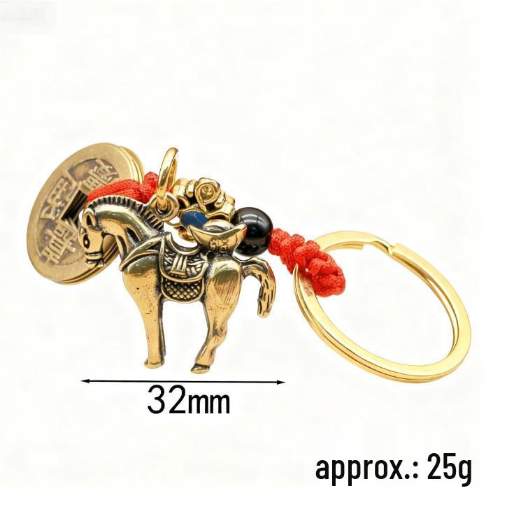 Brass Horse Wealth Keychain Pendant with Five Copper Coins - Creative Car Hanging Ornament