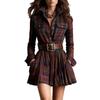 Rochie cămașă retro cu carouri pentru femei, cu buzunare - Mânecă lungă, Fustă scurtă, Stil european și american