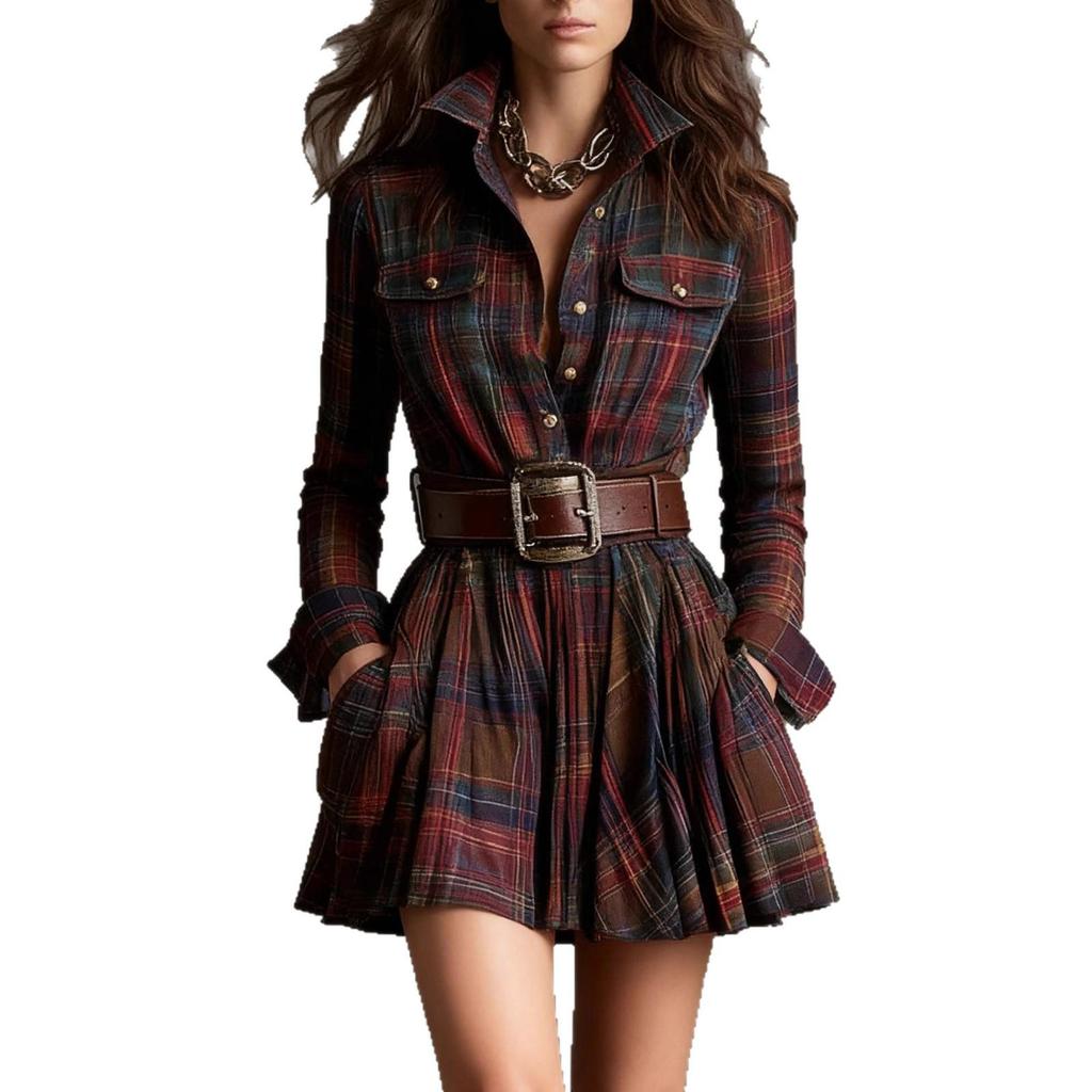Rochie cămașă retro cu carouri pentru femei, cu buzunare - Mânecă lungă, Fustă scurtă, Stil european și american