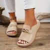 Women's Thick Bottom Platform Sandals - White Slip In, Gold Buckle, Flat Bottom, Open Toe Design, PU Sole, Synthetic Inner and Upper, Casual Shoes