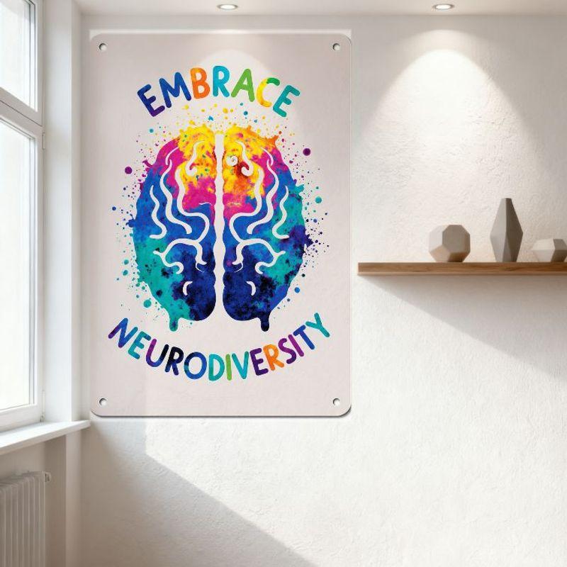 Embrace Neurodiversity Watercolor Brain Metal Tin Sign with Colorful Splashes, Mountable Corners for Home Office Wall Decor
