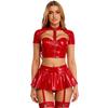 Womens PU Leather Crop Top Cutout Short Sleeve Push-up Underwire Built-in Thong Mini Skirt Rave Clubwear