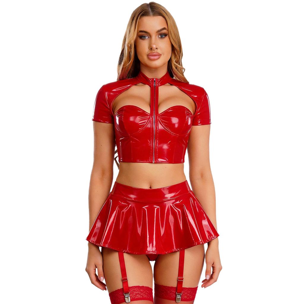 Womens PU Leather Crop Top Cutout Short Sleeve Push-up Underwire Built-in Thong Mini Skirt Rave Clubwear