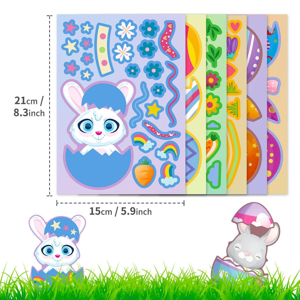 6PCS/Pack Easter Day Cartoon Rabbit Egg Stickers Bunny Make A Face Children's DO IT YOURSELF Puzzle Decals Fun Play Learning