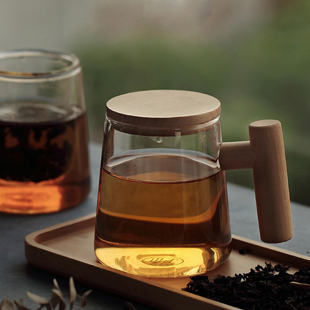 -Resistant Borosilicate Glass Transparent Mugs w/Wood Lid Cover for Water
