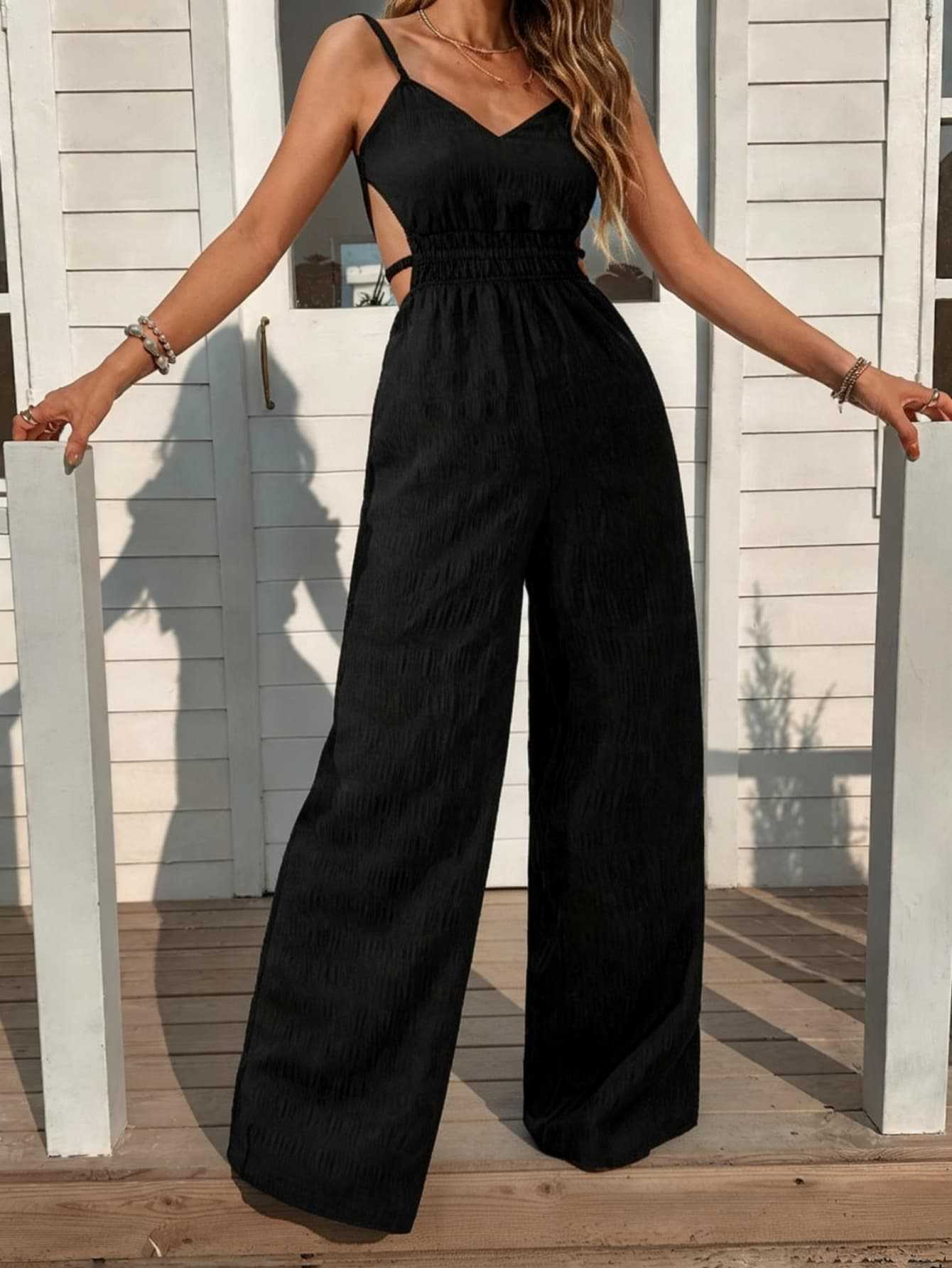

Black V-neck backless elastic waist wide-leg jumpsuit, women s clothing popular direct supply XS чёрный