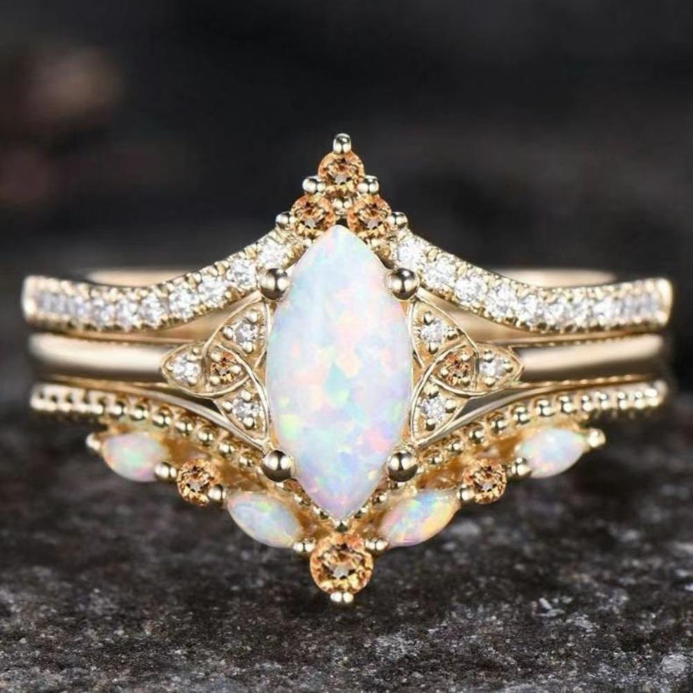 

Luxury Alloy Inlaid Horse Eye Opal Ring, Rose Gold Three-piece Women s Fire Color Set Ring. No. 10