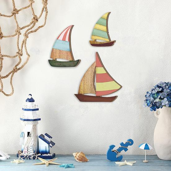 3 Pcs Wooden Sailboat Wall Art Coastal Nautical Sailboat Wall Sculpture Vintage Lake House Wall Hanging Decor for Living Room Bedroom Nursery