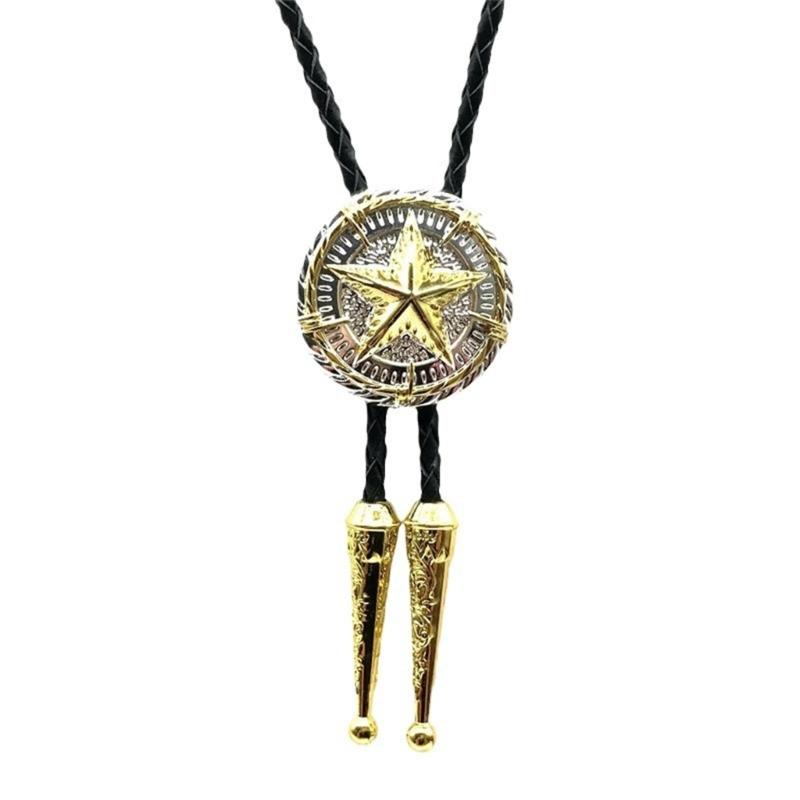 Western Styles Bolo Tie for Men and Women Metal Star Badge Pendant Braided Leather Cord Necktie Music Festivals Necklace