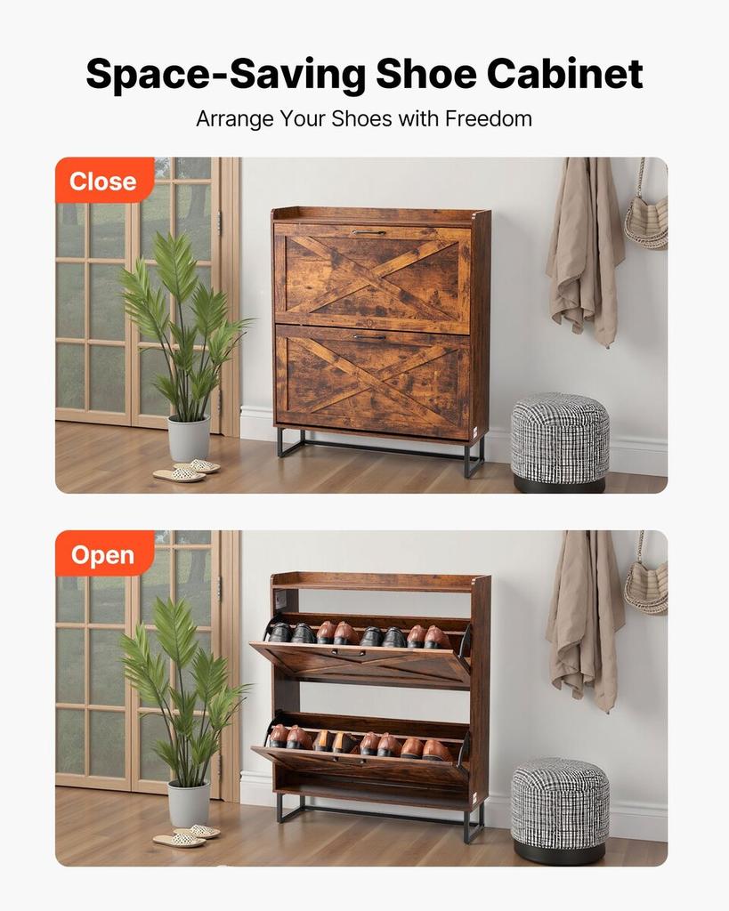 Shoe Cabinet with 2 Flip Drawers, Farmhouse Shoes Storage Cabinet with Metal Legs and Anti-Tipping Device, Freestanding Shoe Organizer Ideal for