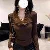 2026 Autumn/Winter Furry V-neck Slim Short Top: Spicy Girl Vibe Versatile Long Sleeve T-shirt for Women.