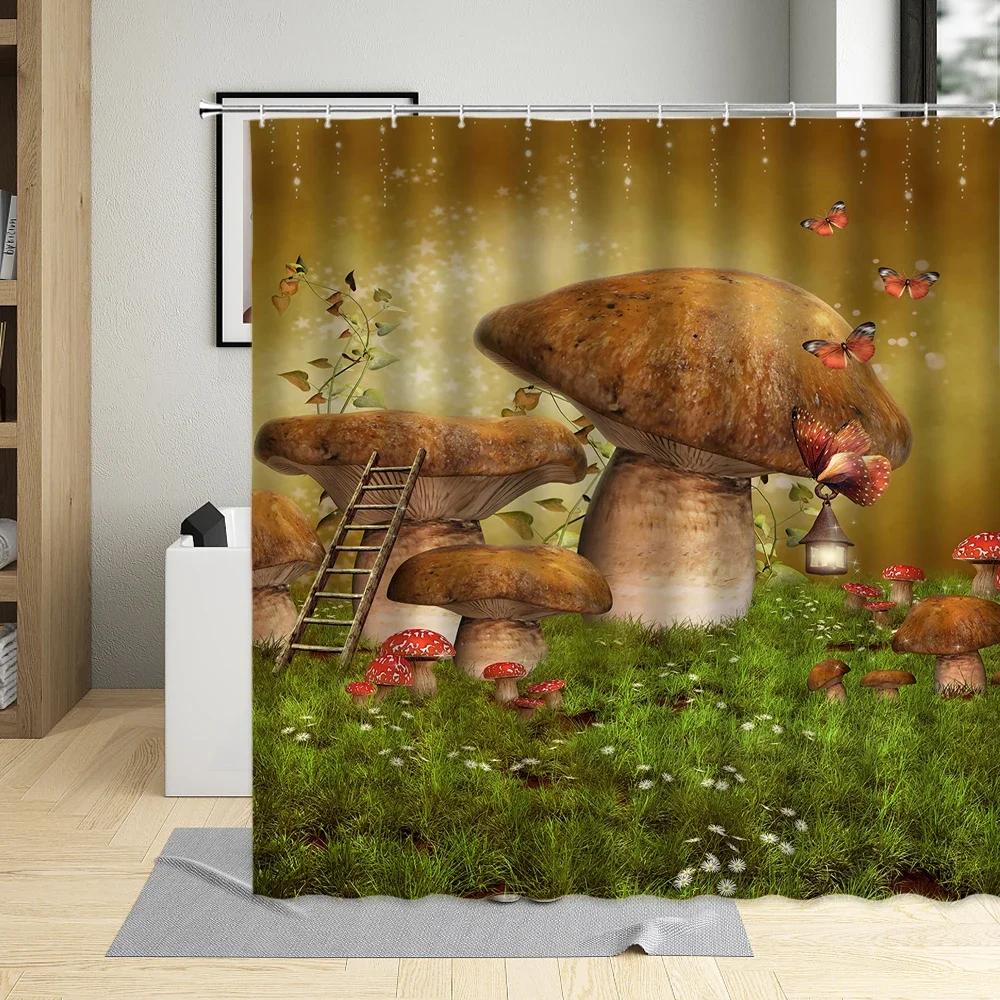 

Meadow Mushroom Flower Forest Retro Shower Curtain Waterproof Polyester Fabric Bathtub Bathroom Decor Bath Curtains With Hooks W60H190(CM)-1 Pcs