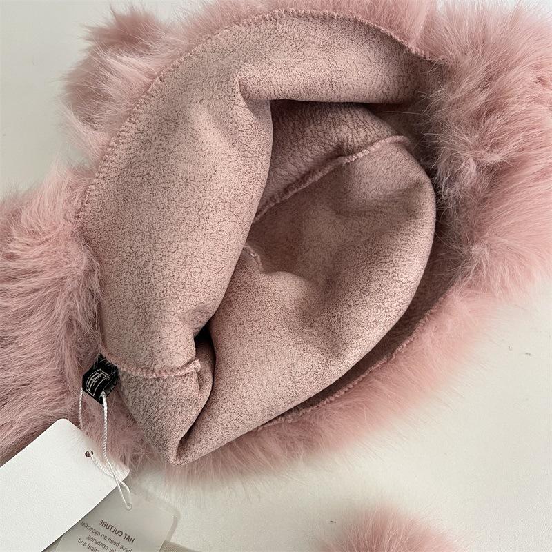 Cute bear-eared Lei Feng hat children's winter warm imitation mink hair ear protection hat cute tail tether hairball plush hat