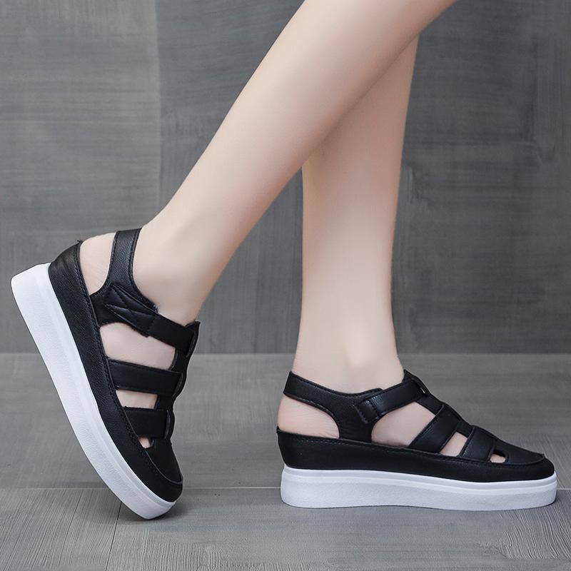 Fashion 2025 New Fashion Baotou Hollow Thick-soled Women's Shoes Summer Solid Color Simple Increased Roman Sandals for Women