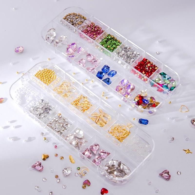 12 Grid Nail Art Diamond Jewelry Nail Art Trinket Mixed Pointed Bottom Drill Metal Rivet Jewelry