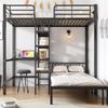 Children's Bed Bunk Bed 90x200cm, Metal Loft Bed, Desk, Shelves, Fall Protection, Two Slatted Frames, Stable Bed Frame, Black