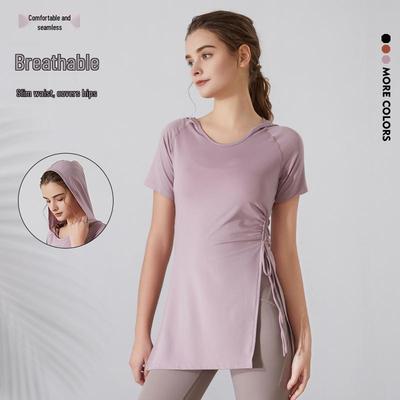 Damen Übergröße Kapuzen-Kurzarm-Schnelltrocknendes Yoga-Top - Lange Länge zur Hüftabdeckung