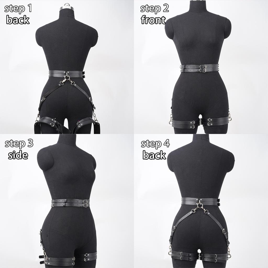 Women's PU Body Harness - Adjustable Garter Belt with Metal O-Rings - Punk Goth Lingerie - Erotic Rave Outfit - Thigh Leg Garter