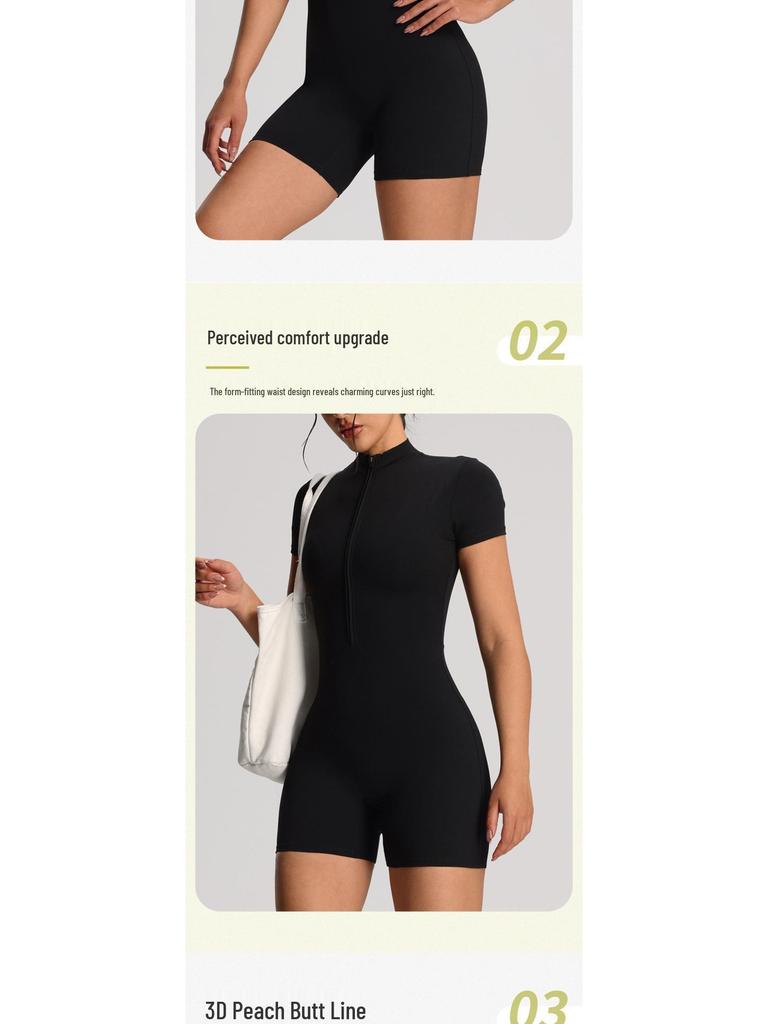 European Style Zipper Short-Sleeve Yoga Jumpsuit - Women's Tight-Fitting Running & Fitness One-Piece