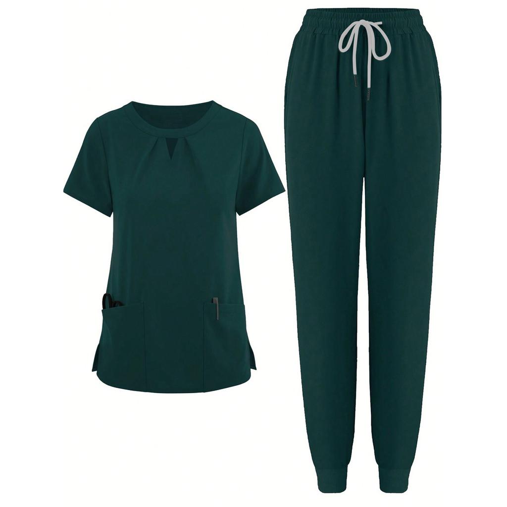 Short Sleeved Solid Color Round Neck Pocket Top Pants Work Clothes Two-Piece Set