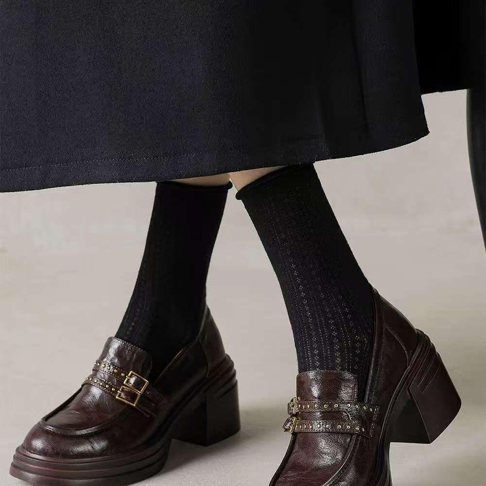 Women's 2025 Autumn/Winter Chunky Heel Genuine Leather Loafers - Thick-Soled Petite Versatile Shoes