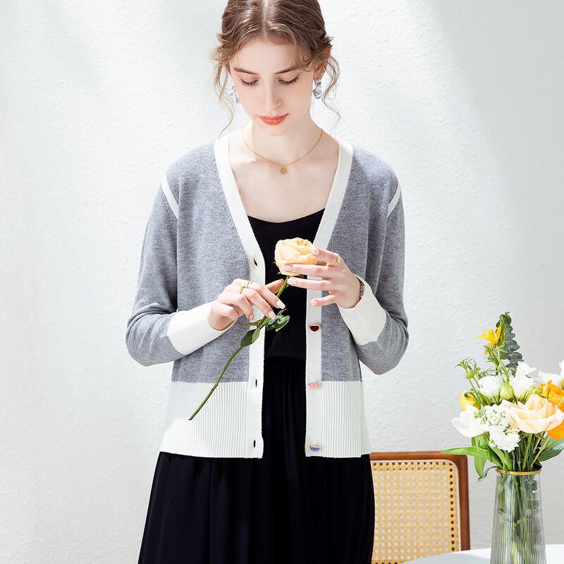 

TUHUANG Women s Pure Wool Color-block V-neck Cardigan XL