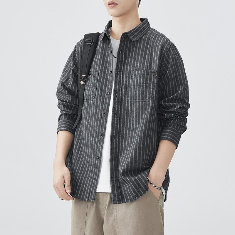Japanese Retro Autumn Clothing New Men's Casual Cotton Long-sleeved Striped Shirt American Workwear Grinding