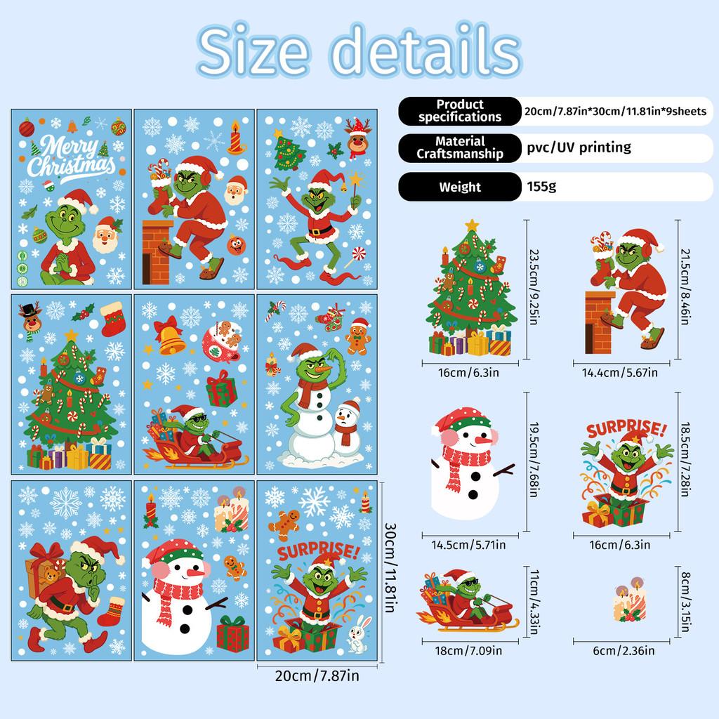 Grinch Christmas Static Cling Snowflake Stickers Set For Holiday Decor With Pvc Material
