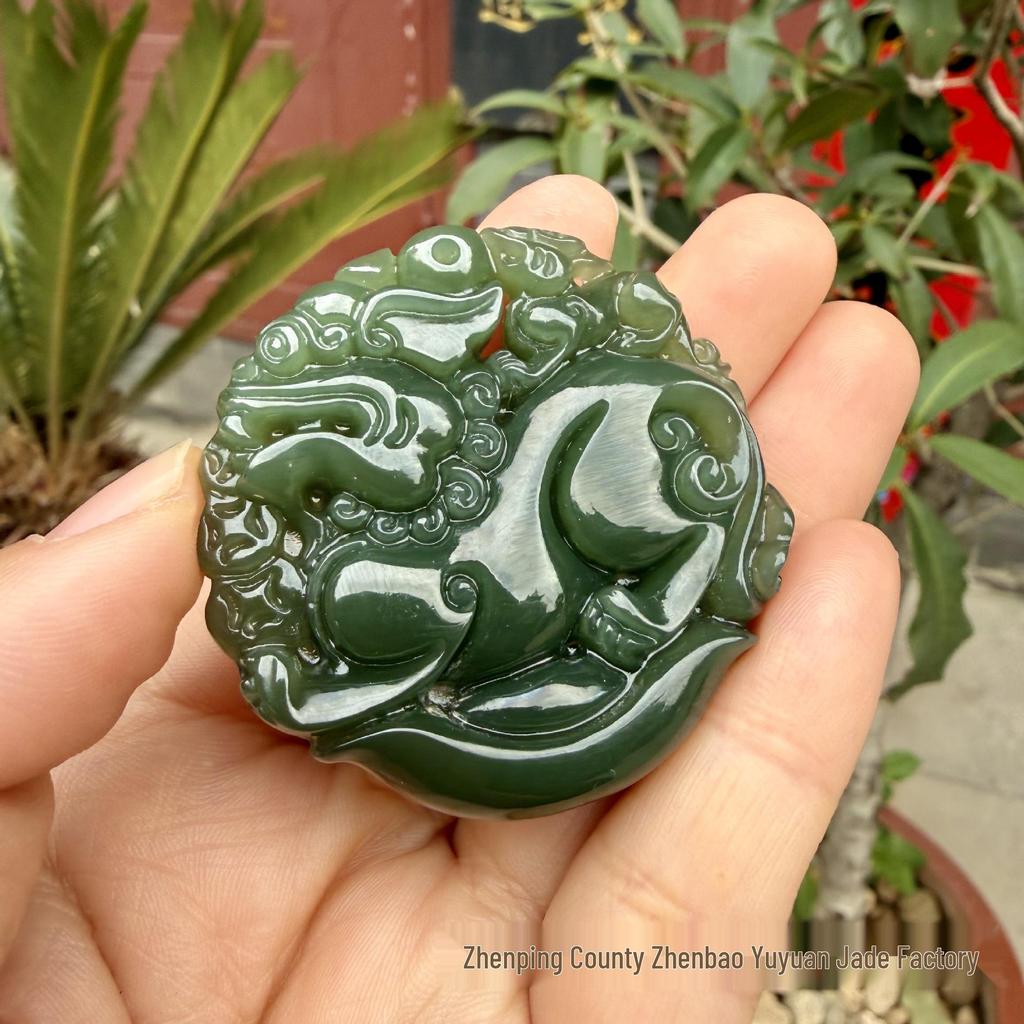 Double-Sided Carved Jade Pixiu Mother and Son Pendant with Gold Ingot Design