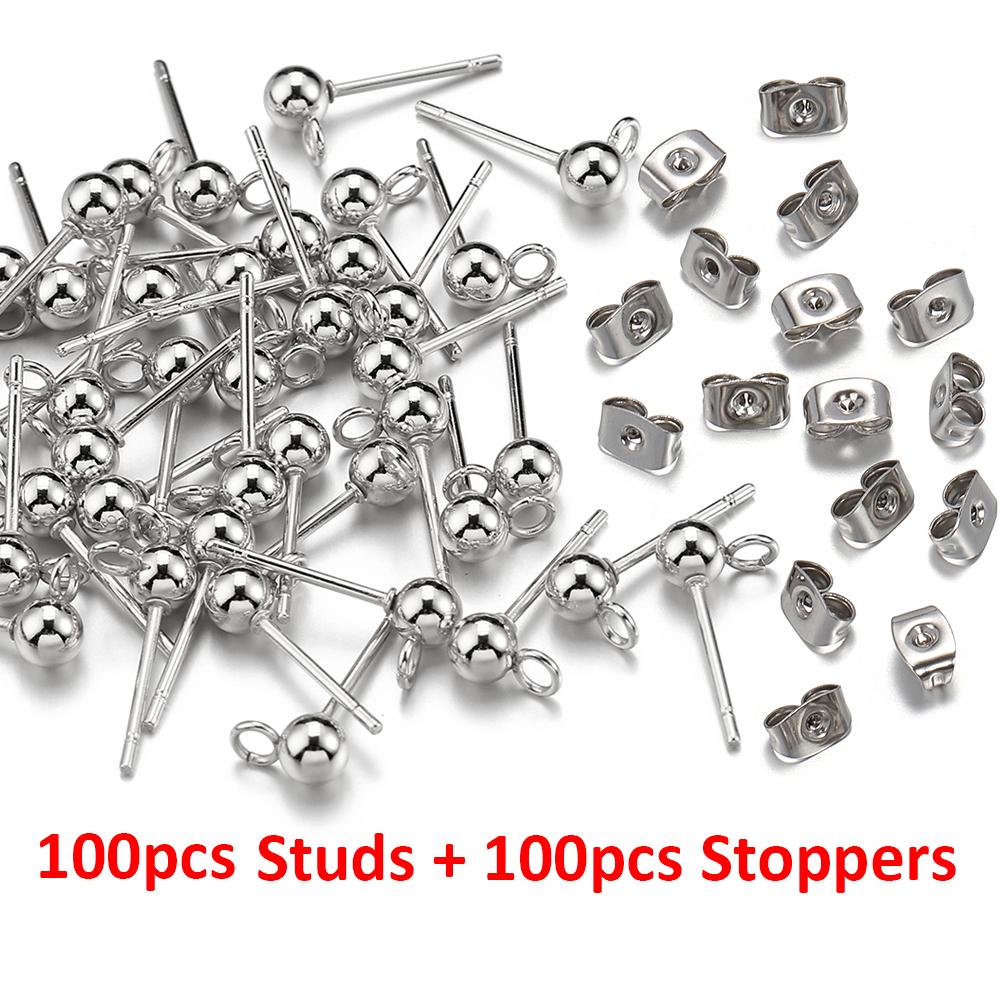 20pcs 100pcs Stainless Steel Round Ball Ear Post Studs Ear Backs with Open Rings Stud Earrings Base DIY Jewelry Making Wholesale