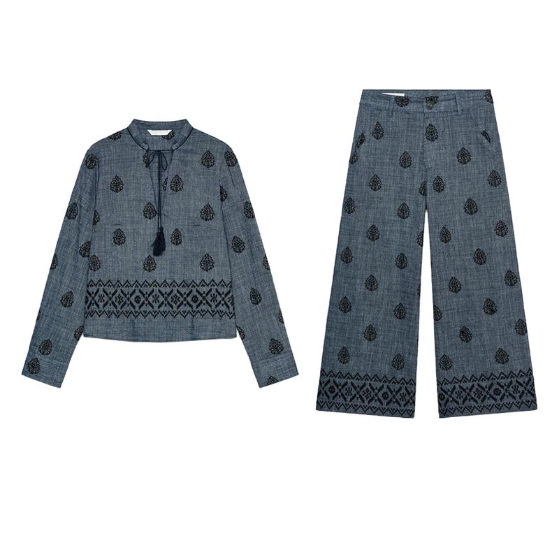 Cotton Spherical Embroidered round Neck Long sleeve Top 8351021 High Waist Wide Leg Casual Trousers 8351022