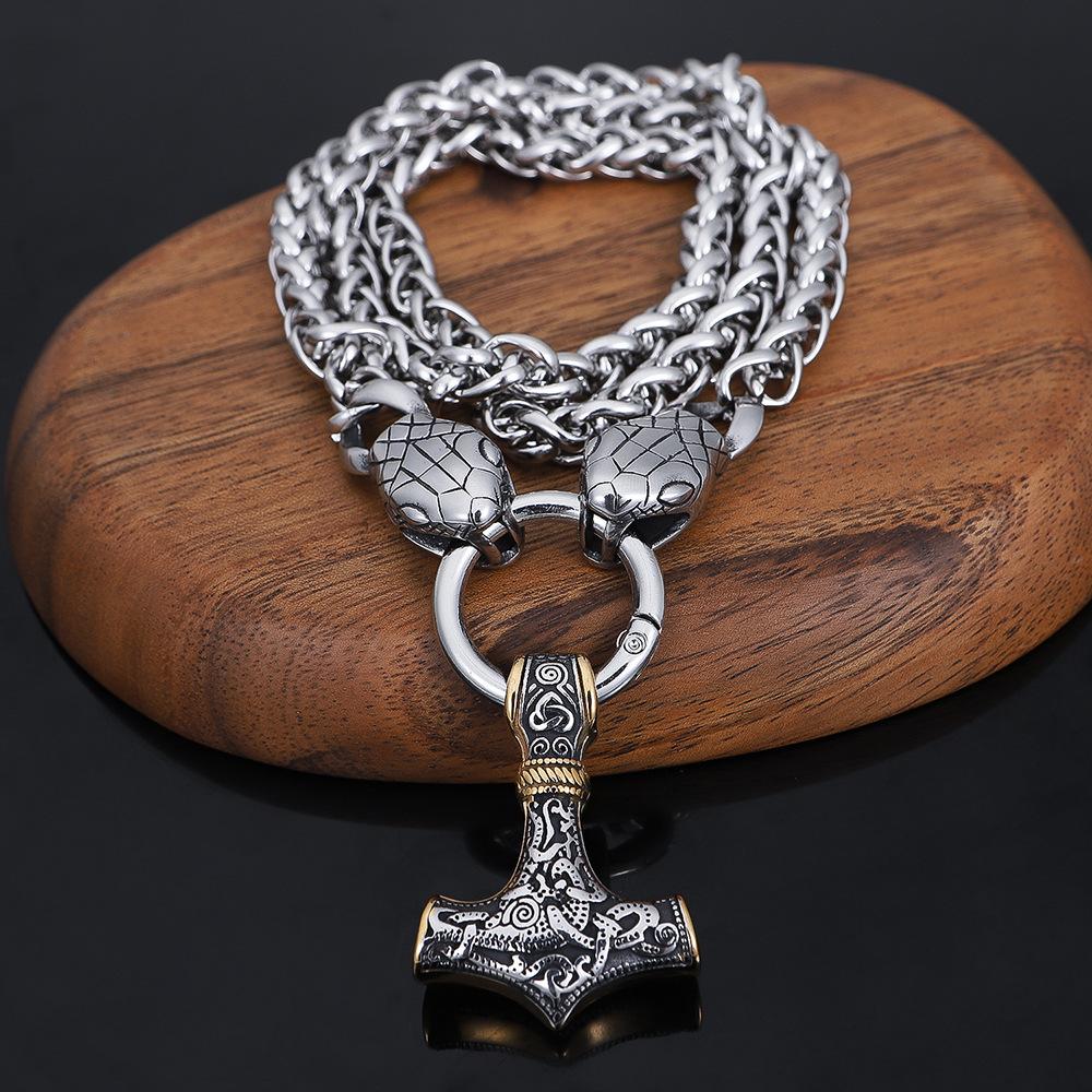 Men's Snake Necklace Viking Thunderhammer Pendant Necklace