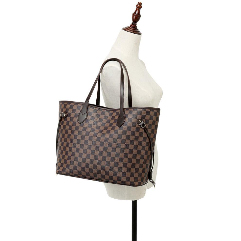 (Coffee) Women Checkered Tote Shoulder Bag Purse PU Leather Handbag Bag With Inner Pouch