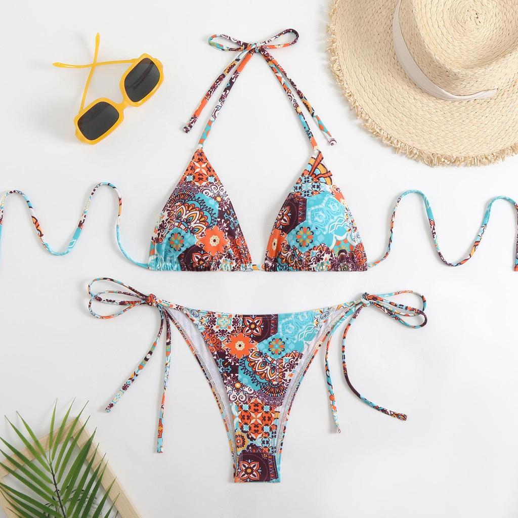 2025 New Multi-Color Print Backless Lace-Up Sexy Split Bikini Swimsuit for Women