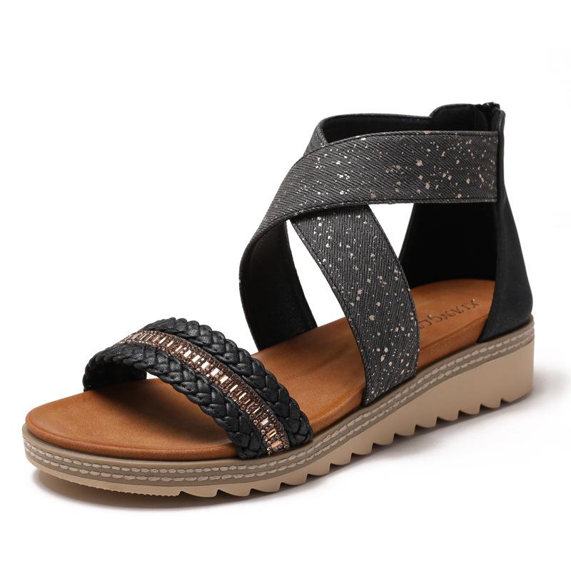 

Rhinestone woven wedge heel sandals women s summer new bohemian open-toed muffin sole Roman sandals - 36 чёрный