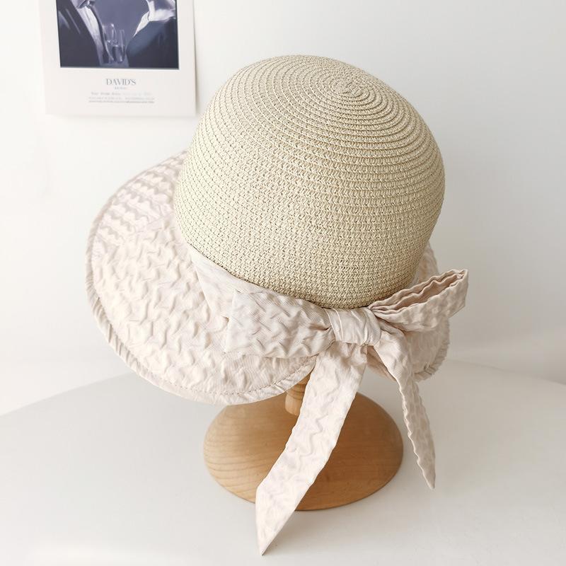 Spring and Summer Pleated Bow Sun Hat Children's Fashion Versatile Splicing Straw Hat Sun Protection Sun Bucket Hat