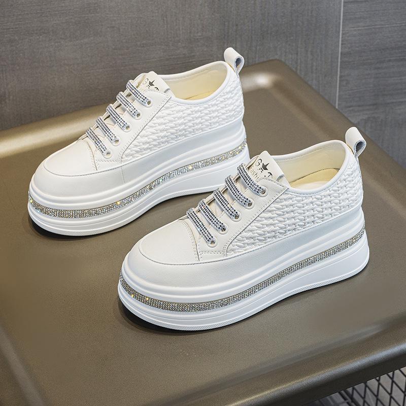 

Женские кроссовки на платформе-клине со стразами - Белые 2025 Осенняя мода, Маленький размер, Универсальные, Плетеный стиль EU 37 белый