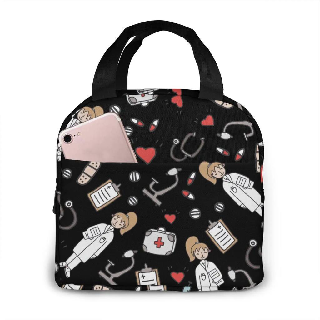 Tragbare Lunchtasche Cartoon Krankenschwester Muster Thermoisoliert Lunch Tote Kühltasche Handtasche Bento Beutel Behälter Schultaschen für Lebensmittel