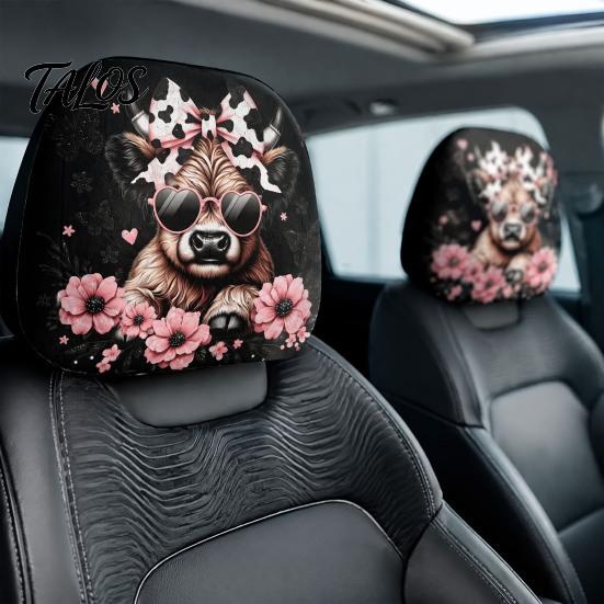 Decorative Auto Headrest Sleeves 2Pcs Cute Calf Car Covers with Pink Flowers, Breathable Animal Pattern Accessories Seat Protectors, Stretchy