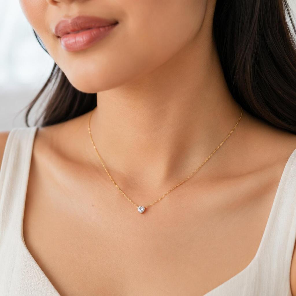 Heart Necklace, 18K Gold Plated Stainless Steel, Waterproof Tarnish Free Solitaire CZ Link Chain Layering Jewelry Women