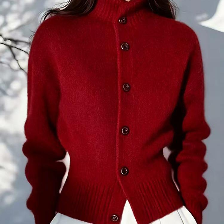 2026 Stylish Red Long Sleeve Knit Turtleneck Cardigan for Women - Autumn/Winter Fashion.