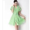 Elegant Lace Embroidery Hollow-out Mini Dress for Women Lapel High Waist A-Line Short Sleeve Single Belt Short Dress Summer