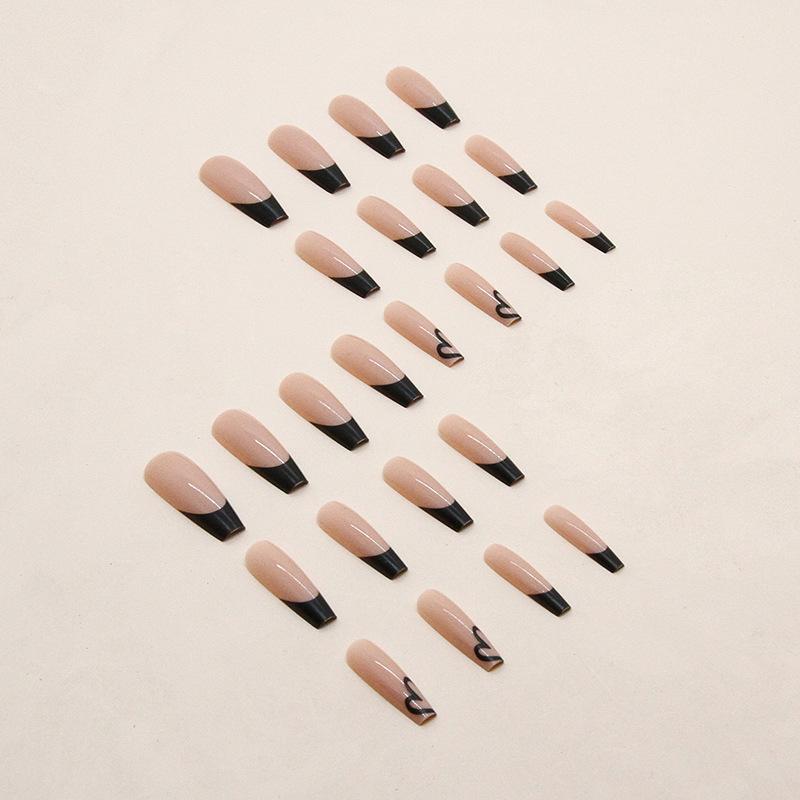 Sweet Cool Long Ballet Fake Nails Black French Simple Love Long Ballet Nail Pieces Valentine'S Day Nail Pieces 24 Pieces
