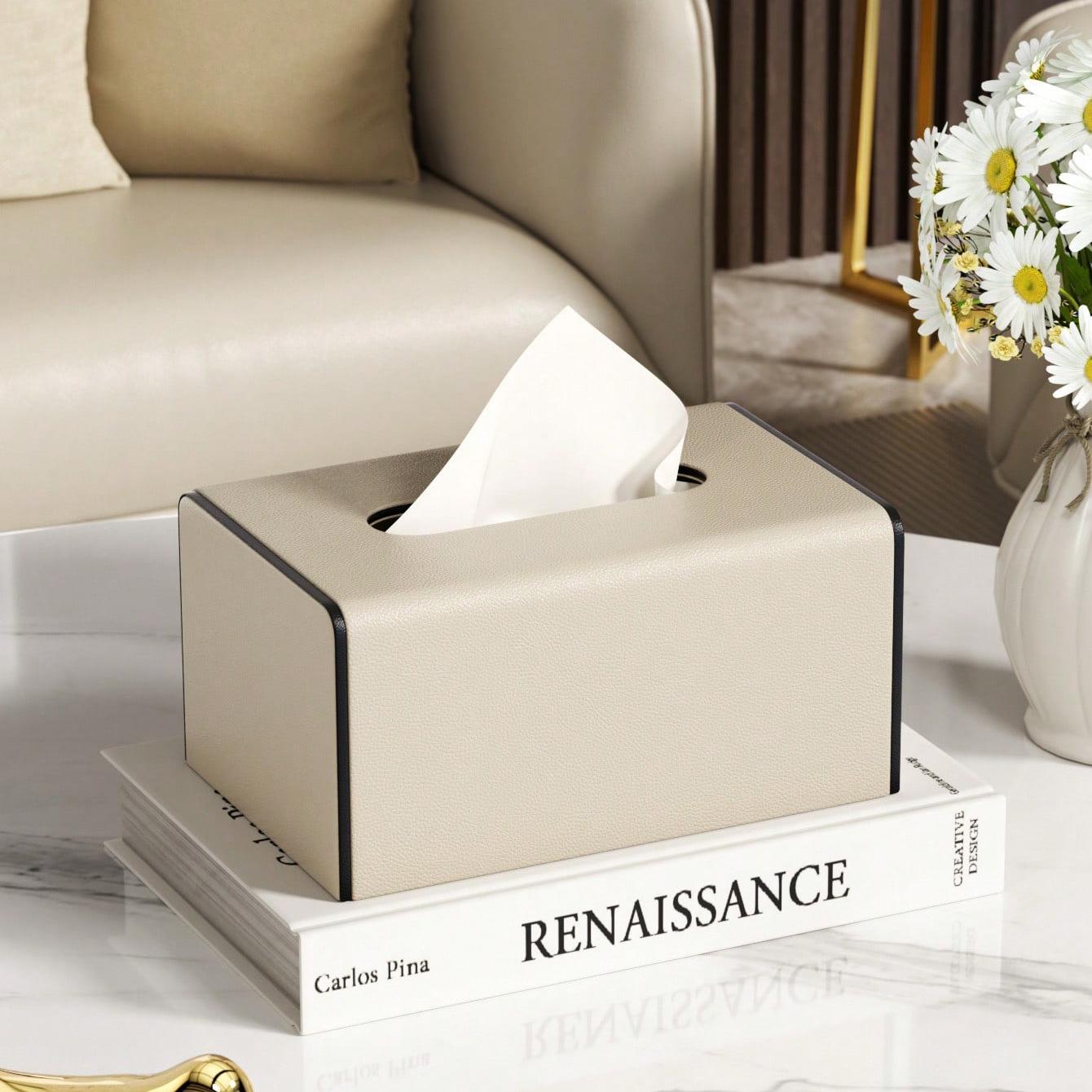 Cream Leather Tissue Box: Elegant Living Room Napkin Holder.