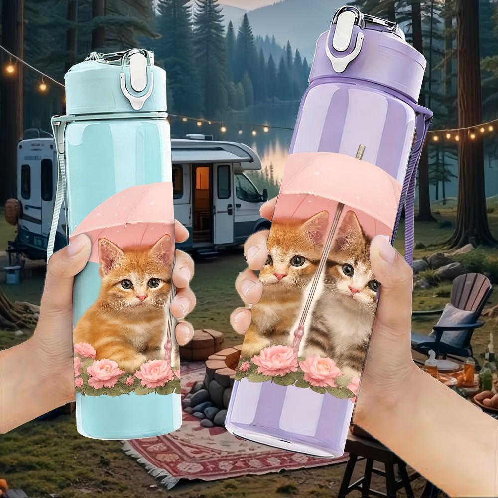 1PC Two Kittens Under Pink Umbrella 750ml Color Plastic Sports Water Bottle Leakproof Flip Straw Lid For Sports Office Home Use