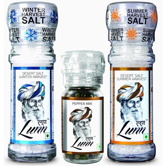 Комбо LUNN: Натуральная мелкая соль для лета и зимы, пустынная соль (По 100 г каждый)| С смесью перца (Кали Мирч) 45 г | С мельницей | Упаковка 3 шт. | Без ГМО