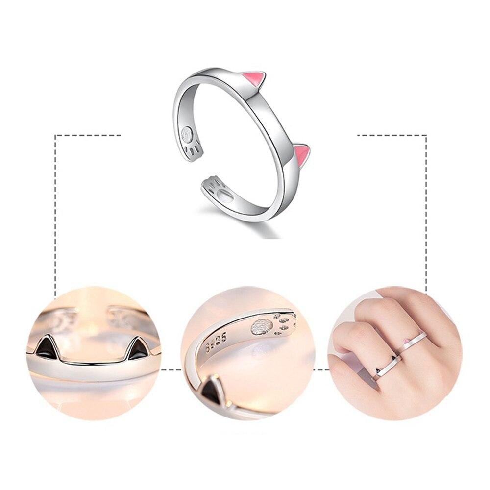 New 925 Sterling Silver Women Ring Fashion Cute Pet Pink Cat Ear Paw Adjustable Rings Jewelry Anniversary Gift