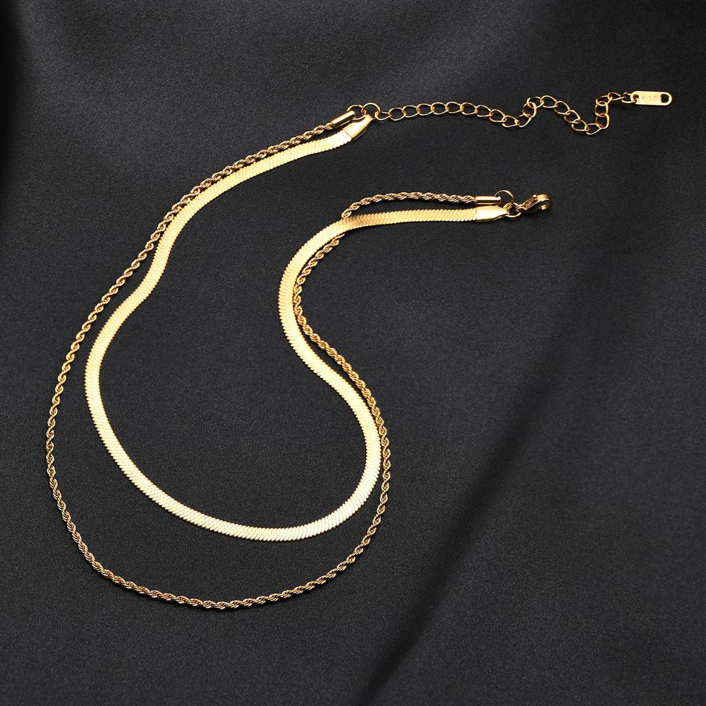 Snake With Rope Double Chain Herringbone Necklace, Layered Necklace for Women Bestfriend Birthday Gift