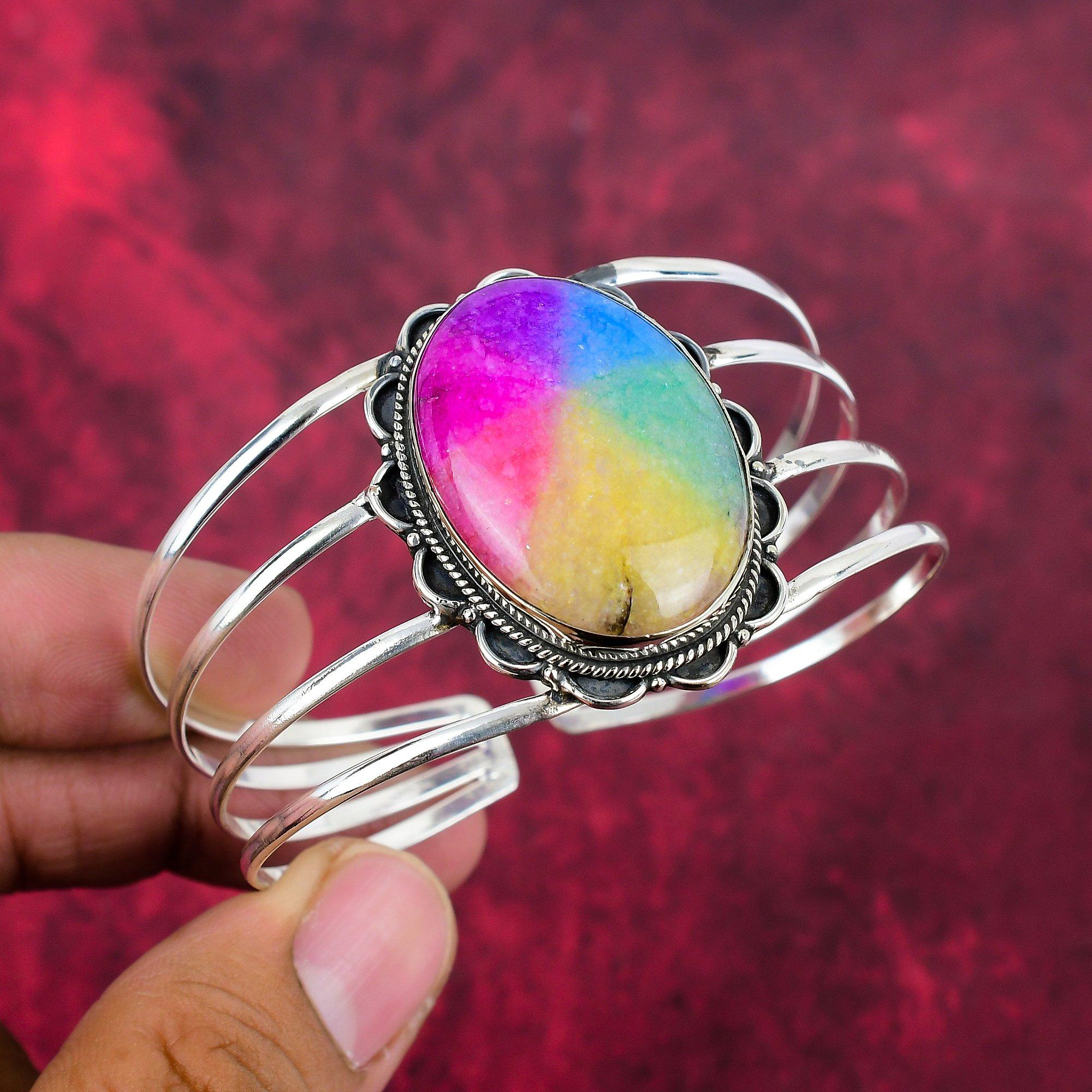 

Радужный солнечный кварцевый браслет, 925 пробы сплошной браслет из стерлингового серебра с драгоценными камнями, браслет ручной работы для свадебного подарка Adjustable розовый