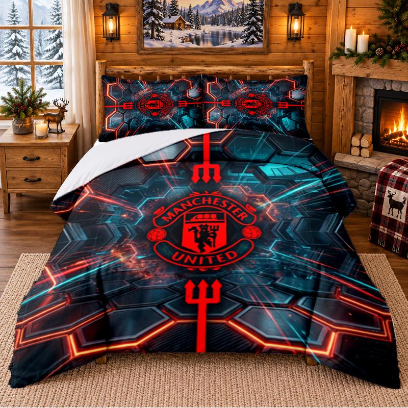 Drukowany 3-częściowy komplet pościeli Wzór Manchester United Prześcieradło Poszewka na poduszkę Do wystroju sypialni